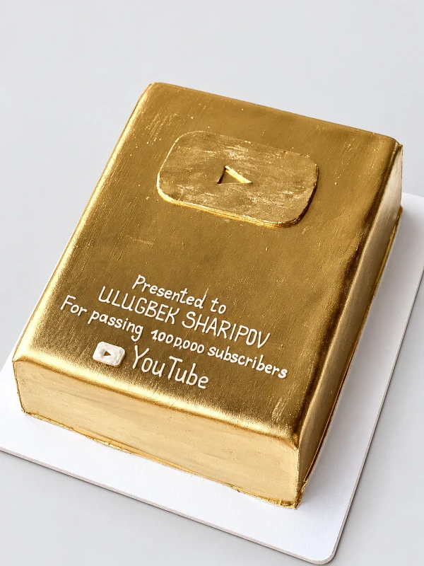 Торт "Ютуб" — Торт «Ютуб» — золотой торт в форме награды YouTube с персональной благодарственной надписью.